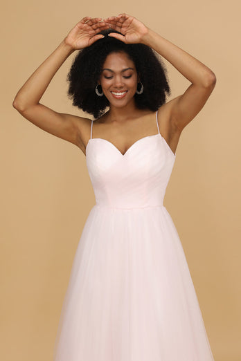 Pink Spaghetti Straps Tulle Bridesmaid Dress