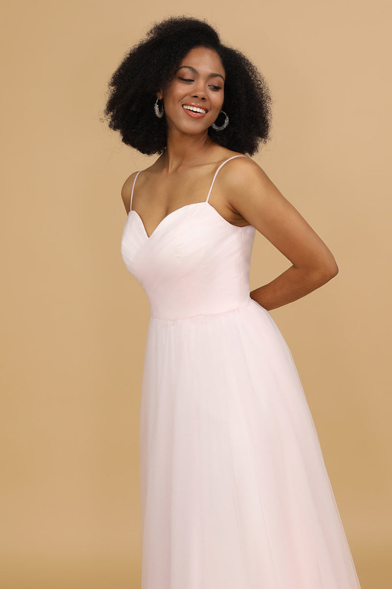 Load image into Gallery viewer, Pink Spaghetti Straps Tulle Bridesmaid Dress