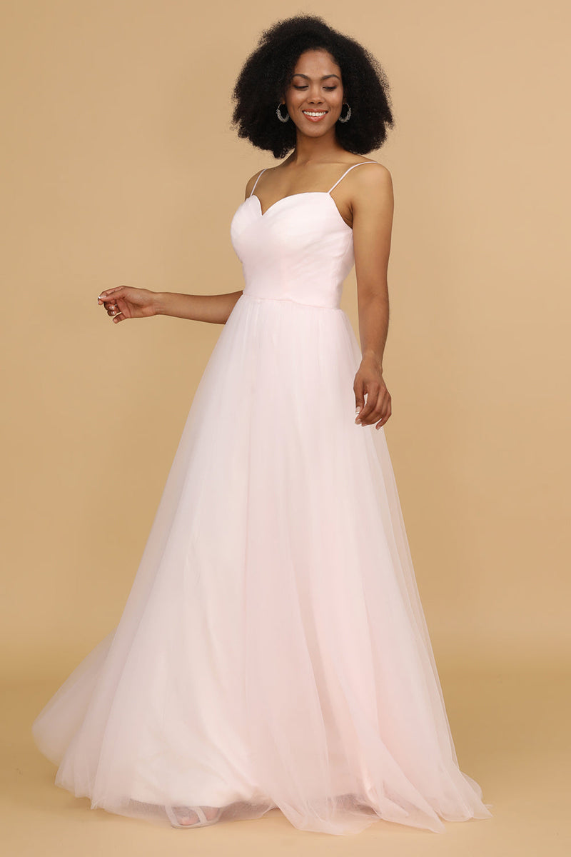 Load image into Gallery viewer, Pink Spaghetti Straps Tulle Bridesmaid Dress