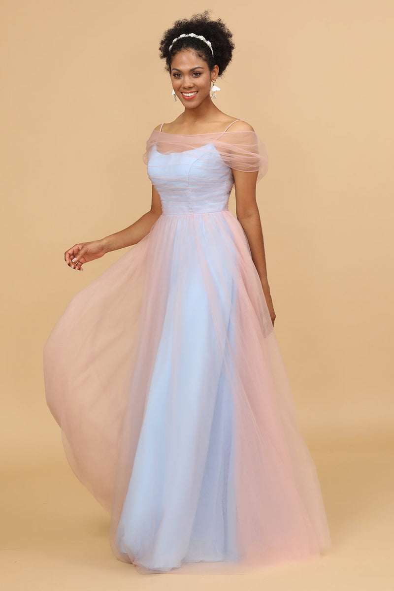 Load image into Gallery viewer, A Line Spaghetti Straps Blue Tulle Long Bridesmaid Dress