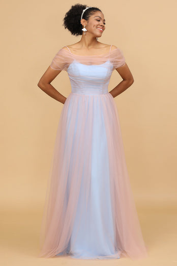 A Line Spaghetti Straps Blue Tulle Long Bridesmaid Dress