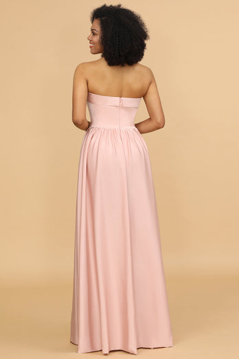 A Line Strapless Blush Satin Long Bridesmaid Dress