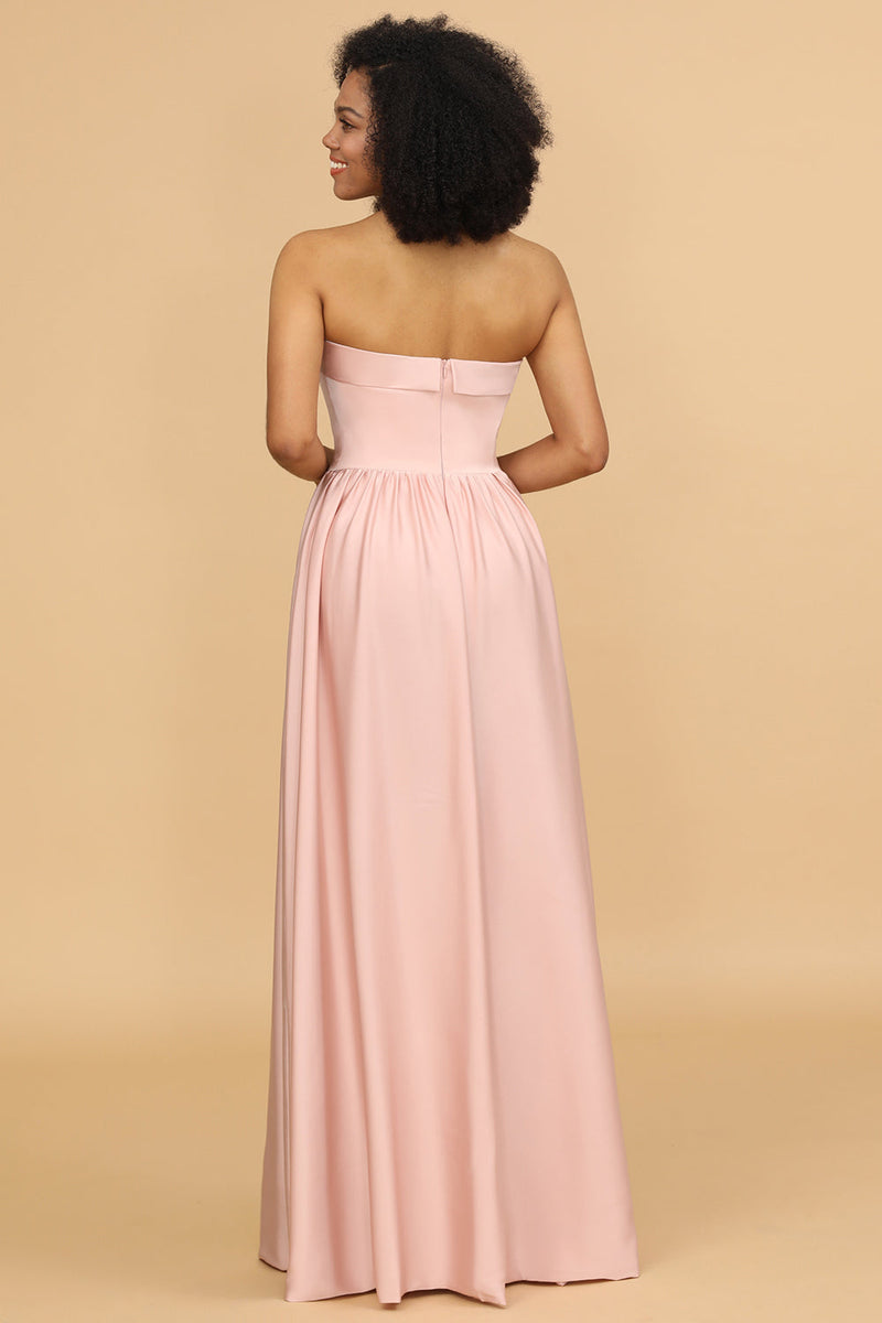 Load image into Gallery viewer, A Line Strapless Blush Satin Long Bridesmaid Dress