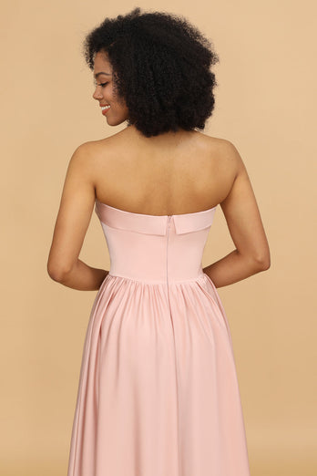 A Line Strapless Blush Satin Long Bridesmaid Dress