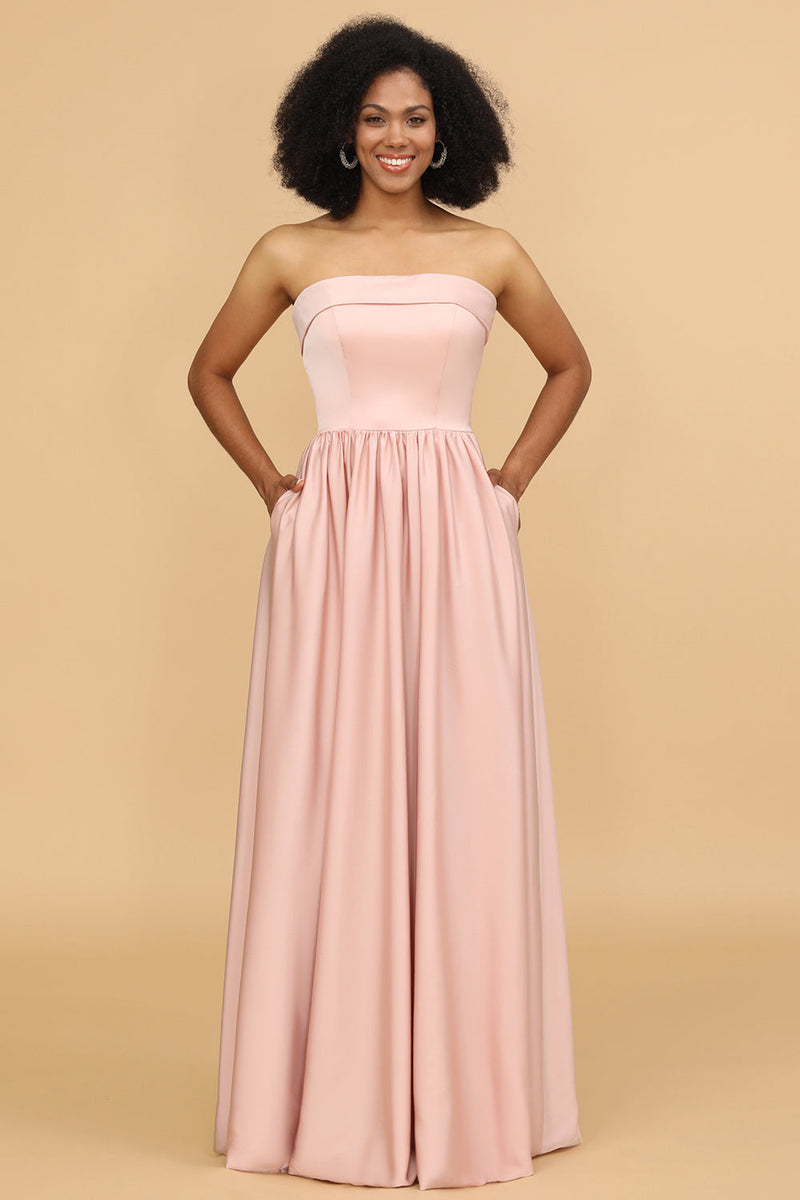 Load image into Gallery viewer, A Line Strapless Blush Satin Long Bridesmaid Dress