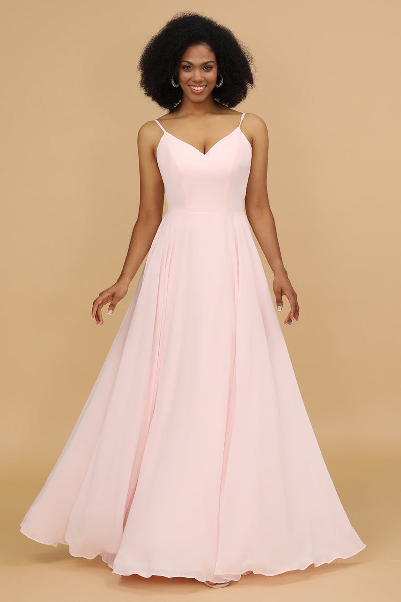 Load image into Gallery viewer, A Line Spaghetti Straps Pink Chiffon Long Bridesmaid Dress