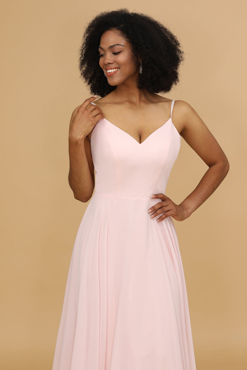 Load image into Gallery viewer, A Line Spaghetti Straps Pink Chiffon Long Bridesmaid Dress