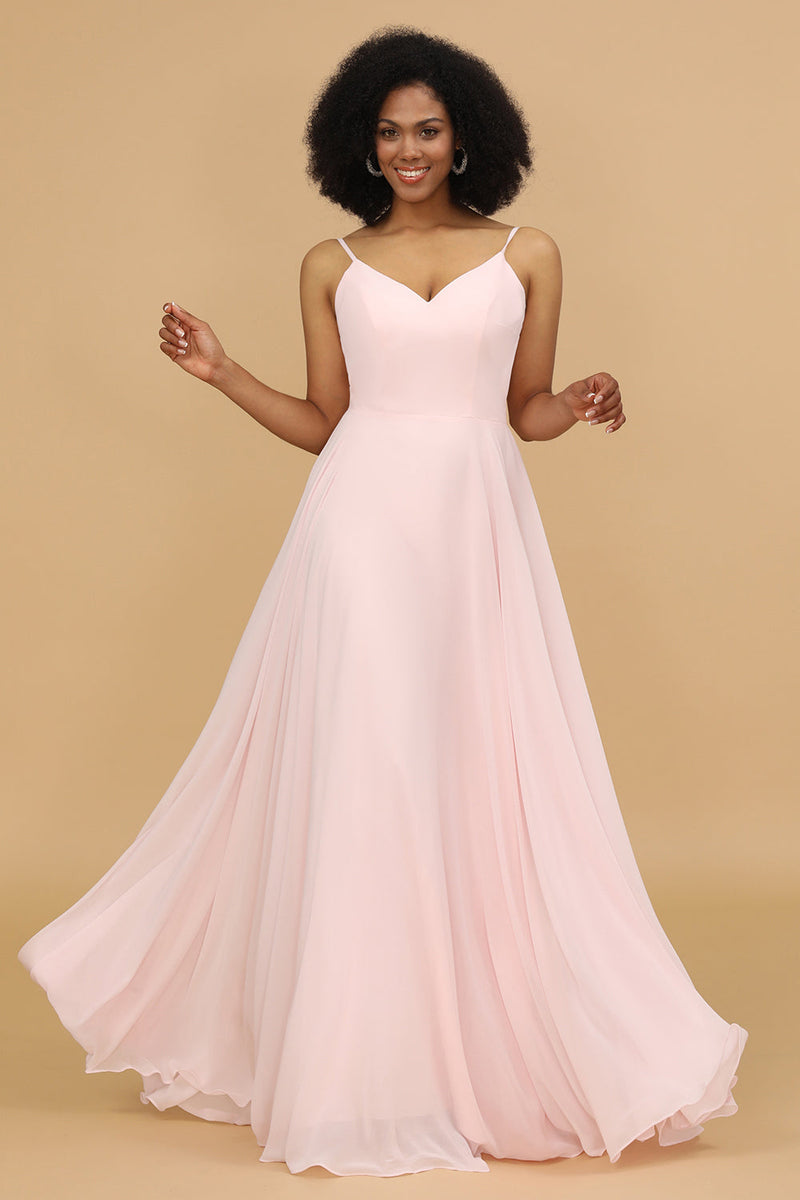 Load image into Gallery viewer, A Line Spaghetti Straps Pink Chiffon Long Bridesmaid Dress