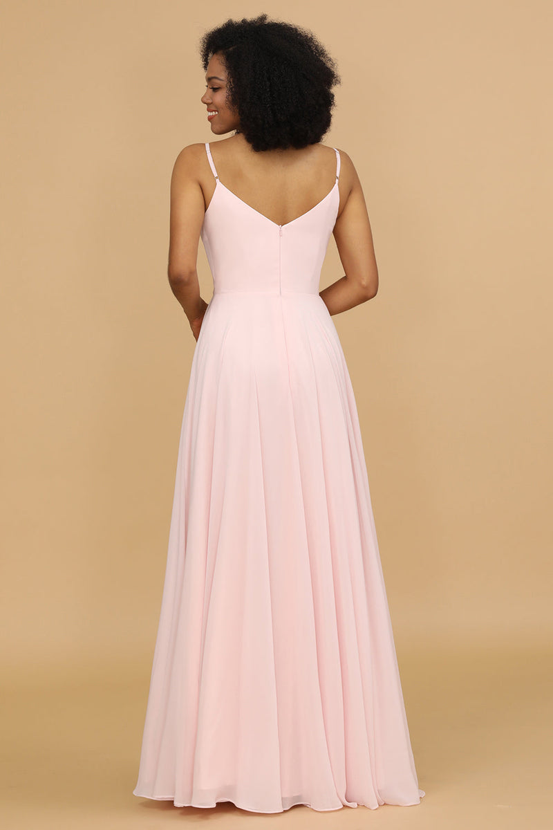 Load image into Gallery viewer, A Line Spaghetti Straps Pink Chiffon Long Bridesmaid Dress