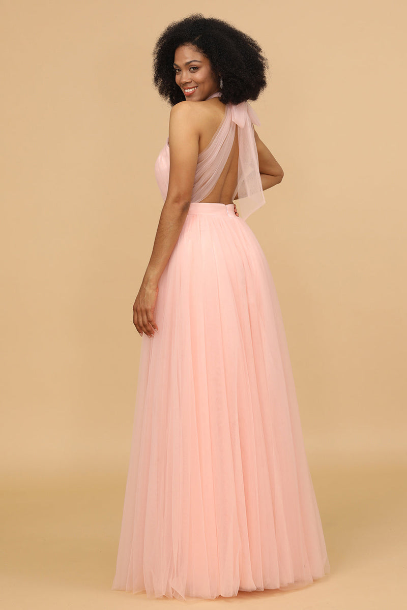 Load image into Gallery viewer, A Line Halter Blush Long Bridesmaid Dress