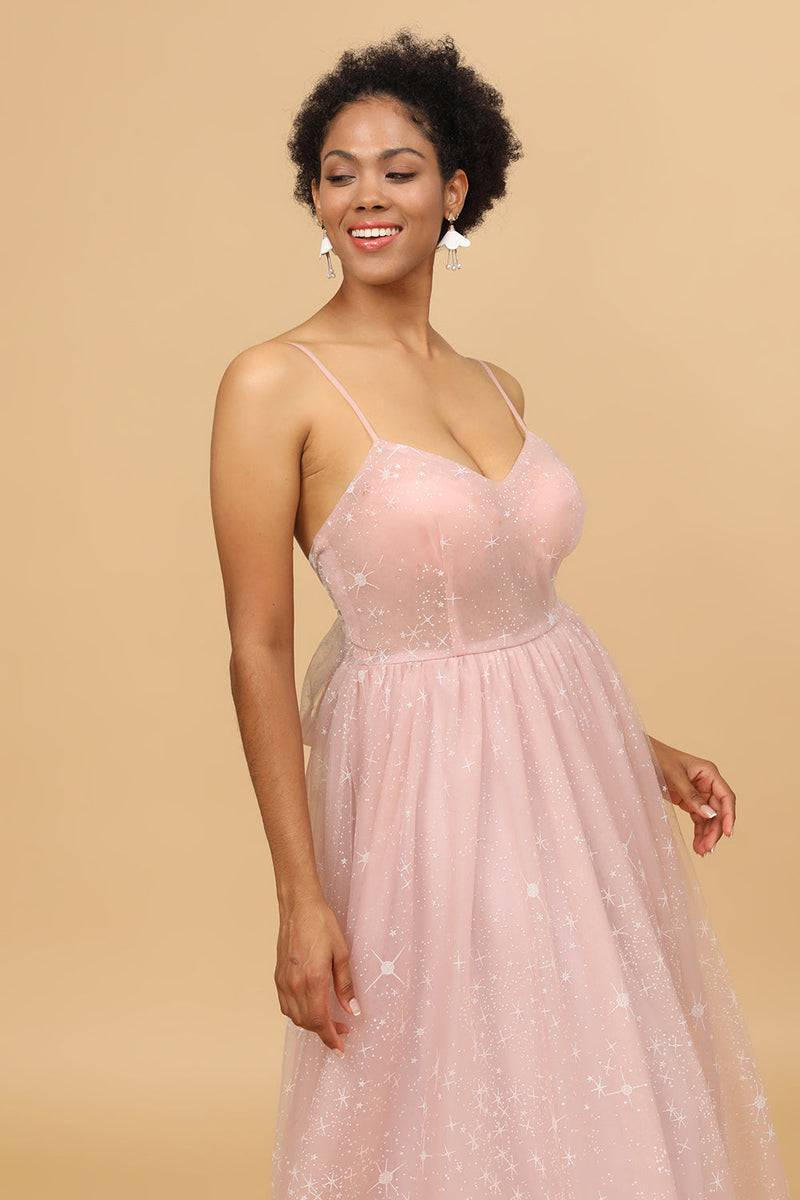 Load image into Gallery viewer, A Line Spaghetti Straps Blush Long Bridesmaid Dress