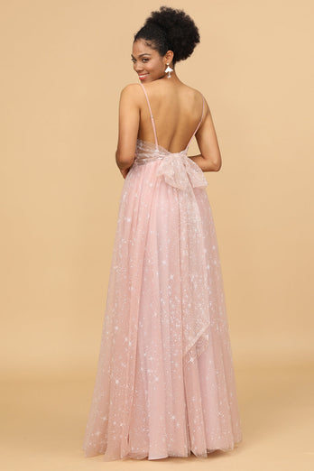 A Line Spaghetti Straps Blush Long Bridesmaid Dress