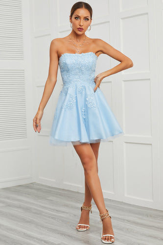 Blue Tulle Short Prom Dress with Appliques