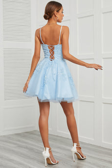 Blue Tulle Short Prom Dress with Appliques