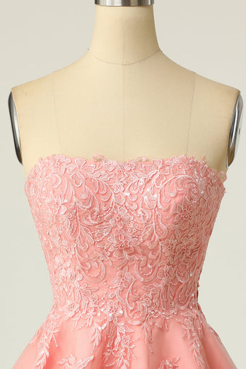 Blush Strapless Short Prom Dress with Appliques