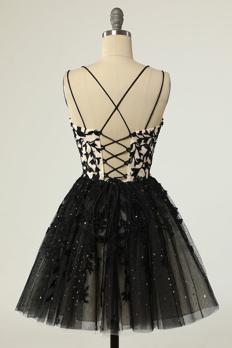 Load image into Gallery viewer, A Line Spaghetti Straps Black Short Homecoming Dress with Appliques