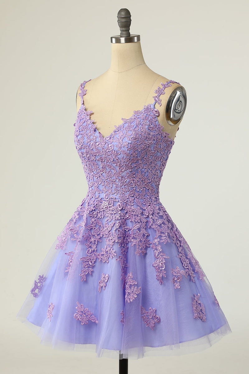 Load image into Gallery viewer, A Line Spaghetti Straps Purple Short Homecoming Dress