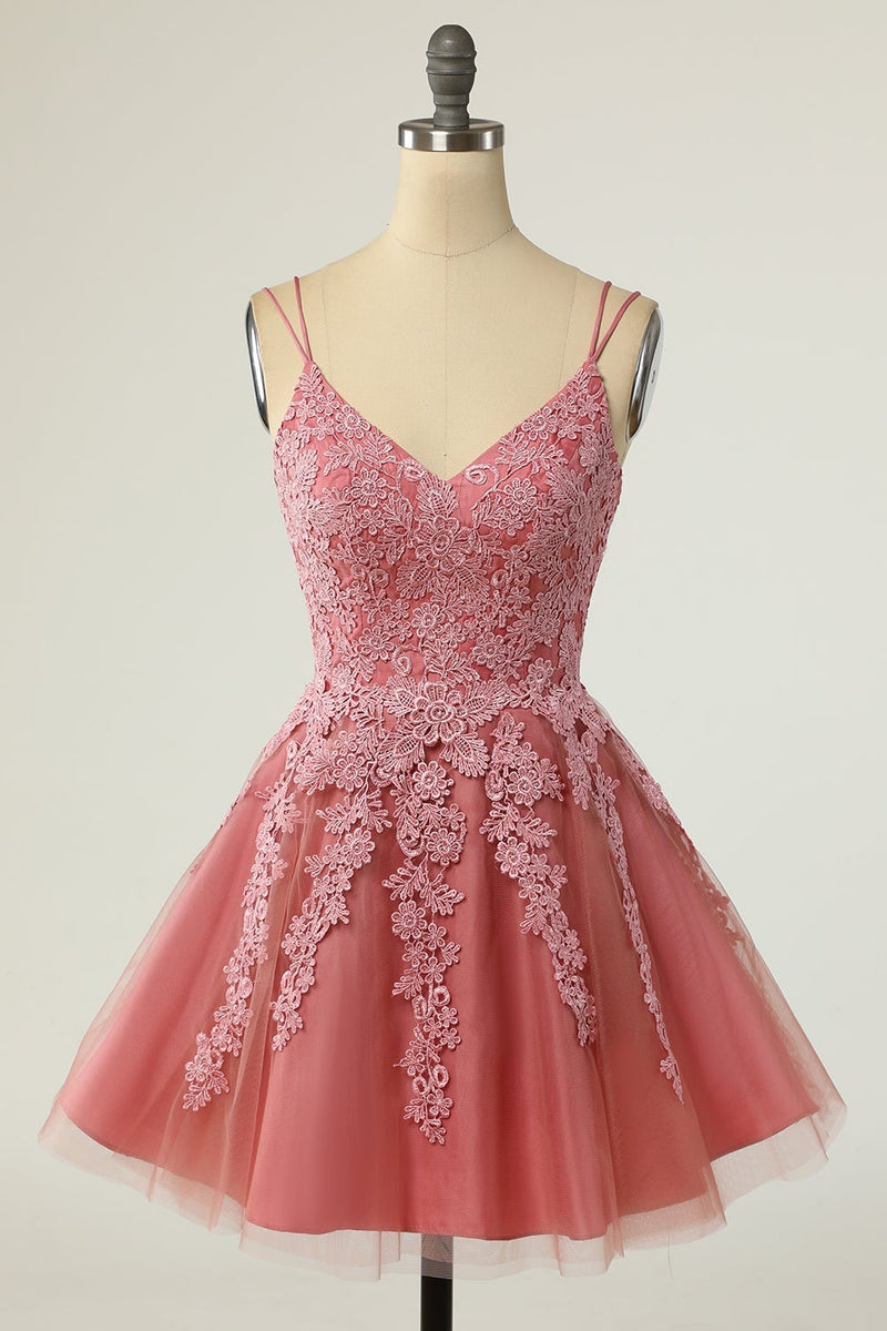 Load image into Gallery viewer, A Line Spaghetti Straps Blush Short Party Dress with Appliques