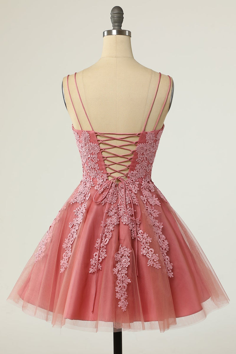 Load image into Gallery viewer, A Line Spaghetti Straps Blush Short Party Dress with Appliques