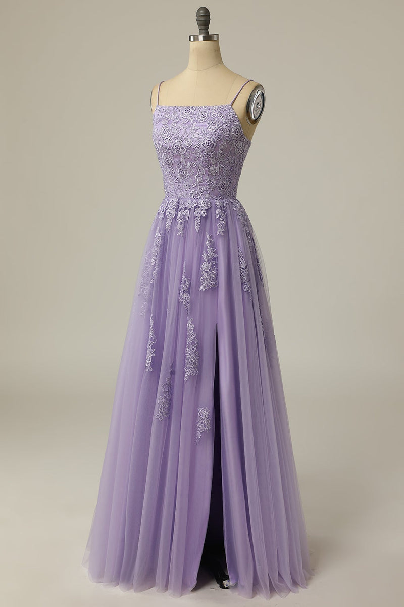 Load image into Gallery viewer, A Line Strapless Light Purple Long Prom Dress with Appliques