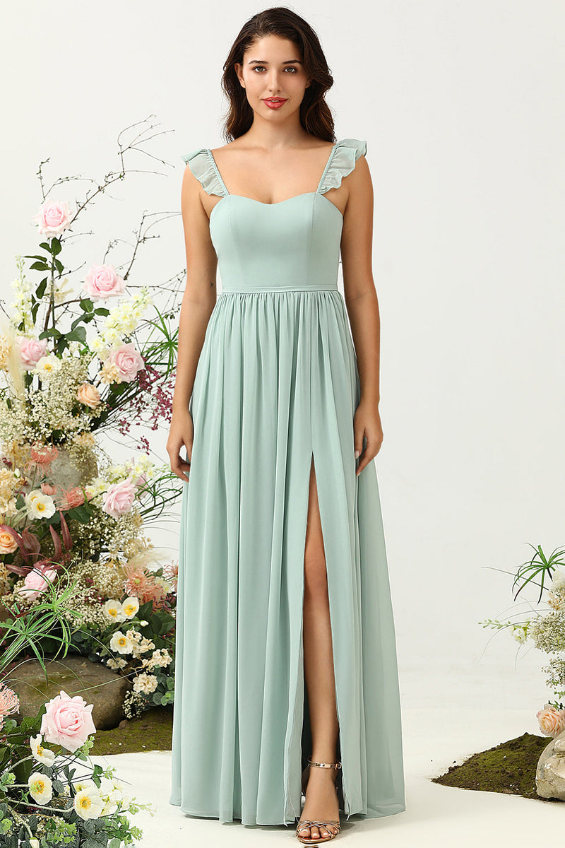 Load image into Gallery viewer, A Line Spaghetti Straps Dusty Sage Long Bridesmaid Dress with Ruffles