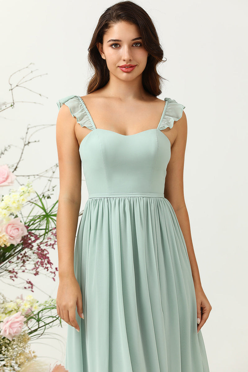 Load image into Gallery viewer, A Line Spaghetti Straps Dusty Sage Long Bridesmaid Dress with Ruffles