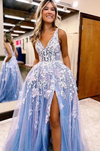 A Line Blue Tulle Long Prom Dress With Slit