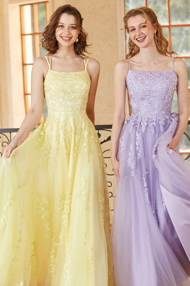 Load image into Gallery viewer, Gorgeous A Line Spaghetti Straps Yellow Long Prom Dress with Appliques