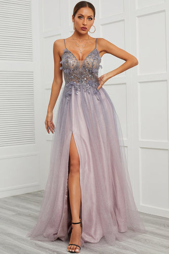 Spaghetti Straps Appliques Long Prom Dress with Split Front