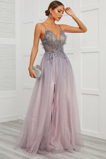 Spaghetti Straps Appliques Long Prom Dress with Split Front