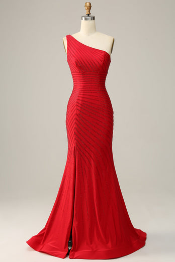 Mermaid One Shoulder Red Long Prom Dress with Beading