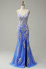 Load image into Gallery viewer, Light Blue Mermaid V Neck Long Prom Dress with Appliques Beading