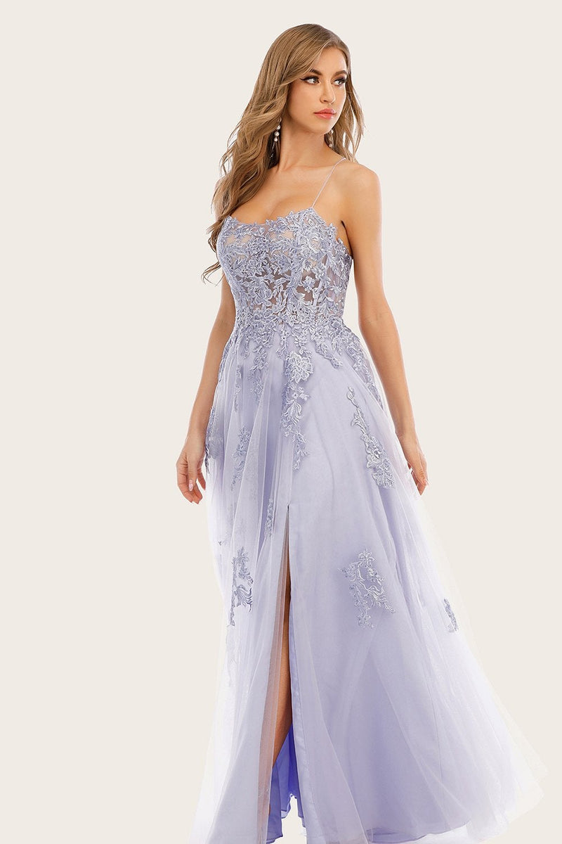 Load image into Gallery viewer, Lavender Tulle Long Prom Dress with Lace