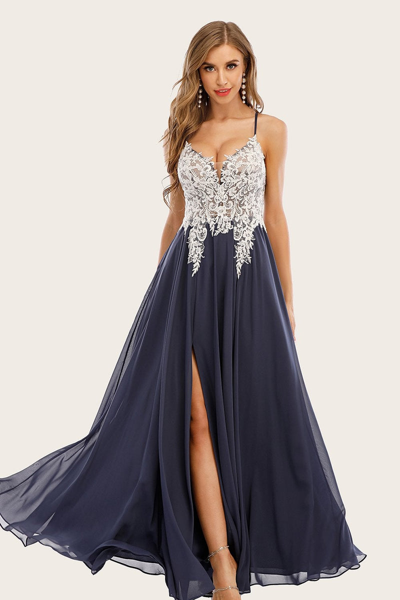 Load image into Gallery viewer, Dusty Blue Long Chiffon Prom Dress with Lace