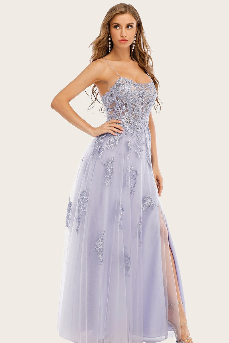 Load image into Gallery viewer, Lavender Tulle Long Prom Dress with Lace