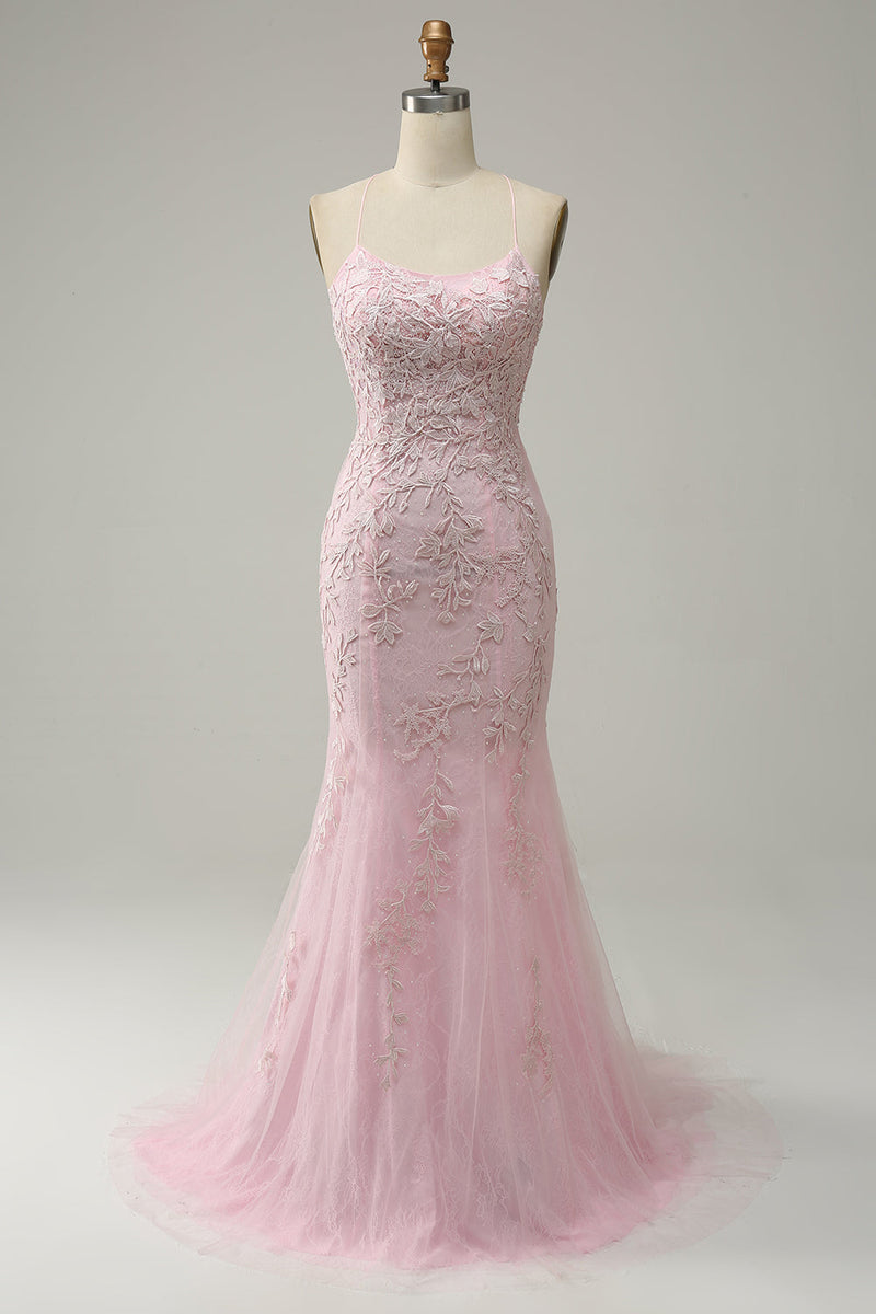 Load image into Gallery viewer, Mermaid Spaghetti Straps Light Pink Long Prom Dress with Appliques