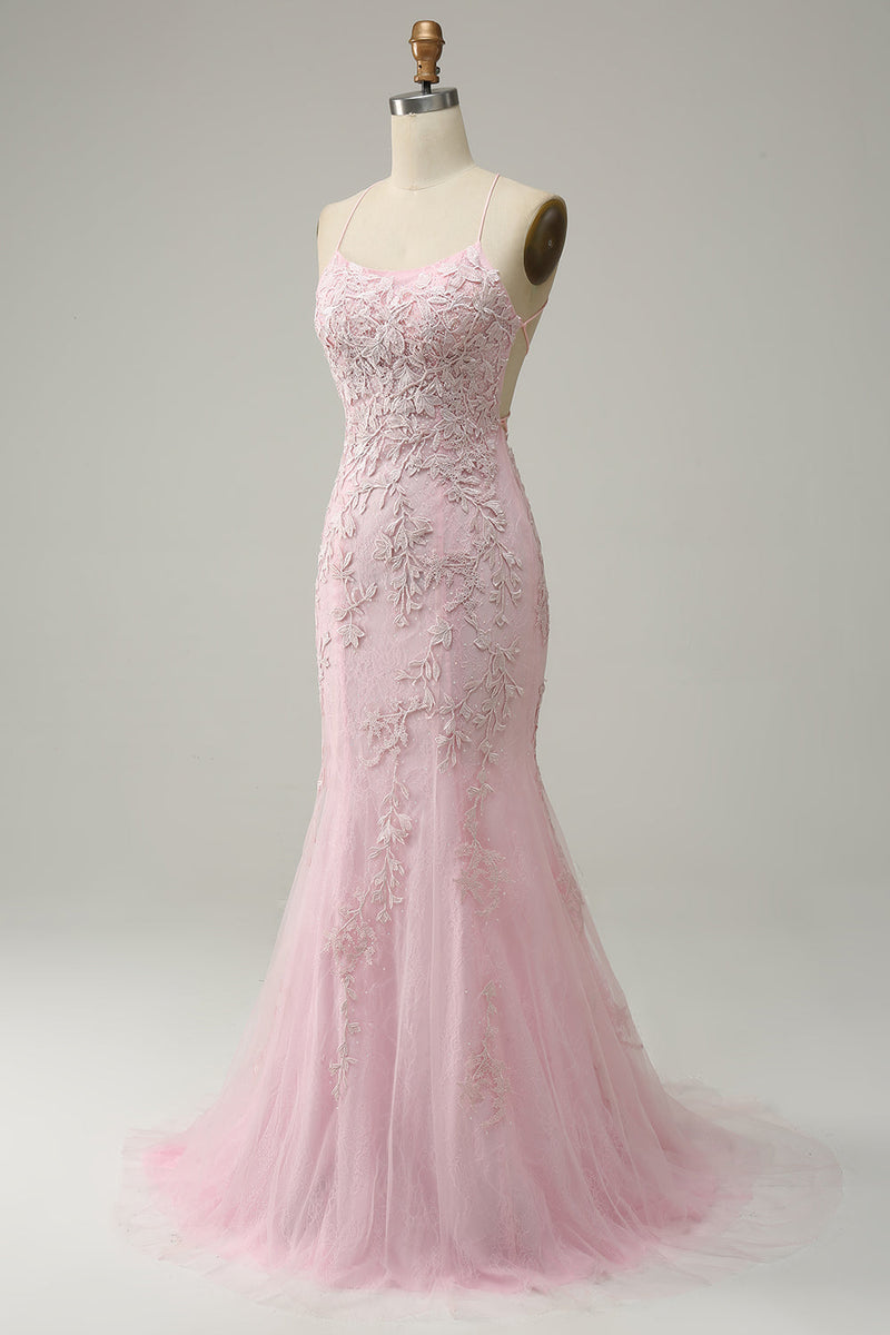 Load image into Gallery viewer, Mermaid Spaghetti Straps Light Pink Long Prom Dress with Appliques