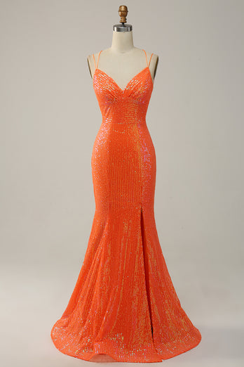 Mermaid Spaghetti Straps Orange Sparkly Prom Dress with Sequins