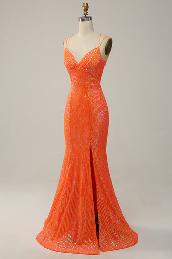 Mermaid Spaghetti Straps Orange Sparkly Prom Dress with Sequins