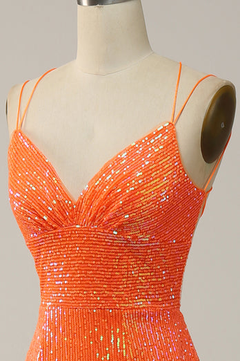 Mermaid Spaghetti Straps Orange Sparkly Prom Dress with Sequins