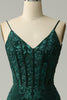 Load image into Gallery viewer, Green Spaghetti Straps Mermaid Corset Prom Dress with Appliques