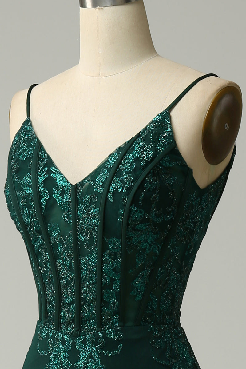 Load image into Gallery viewer, Green Spaghetti Straps Mermaid Corset Prom Dress with Appliques