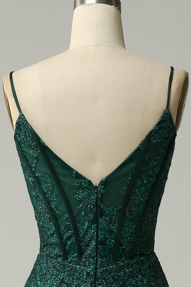 Load image into Gallery viewer, Green Spaghetti Straps Mermaid Corset Prom Dress with Appliques