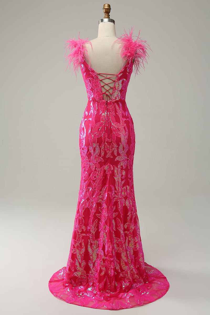 Load image into Gallery viewer, Mermaid Deep V Neck Fuchsia Sequins Long Prom Dress with Feathers