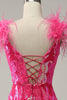 Load image into Gallery viewer, Mermaid Deep V Neck Fuchsia Sequins Long Prom Dress with Feathers