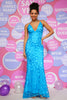 Load image into Gallery viewer, V-Neck Blue Sparkly Prom Dress with Beading