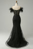 Load image into Gallery viewer, Black Off the Shoulder Mermaid Prom Dress with Feathers