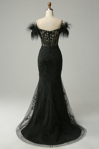 Black Off the Shoulder Mermaid Prom Dress with Feathers