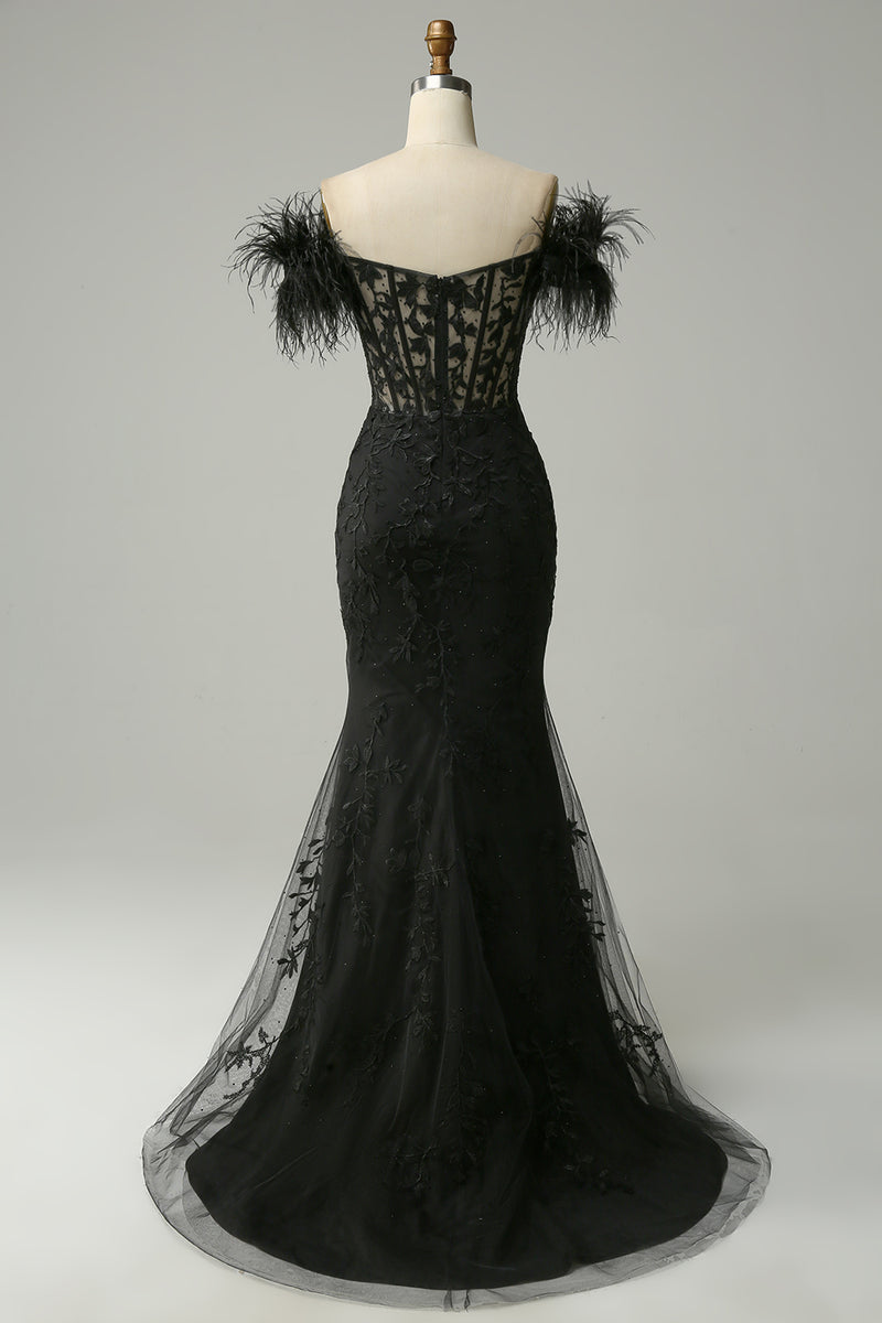 Load image into Gallery viewer, Black Off the Shoulder Mermaid Prom Dress with Feathers