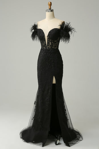 Black Off the Shoulder Mermaid Prom Dress with Feathers